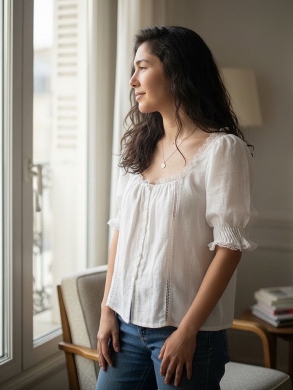 Sezane Ivory Lace-Trim Peasant Blouse - Picture 12 of 14